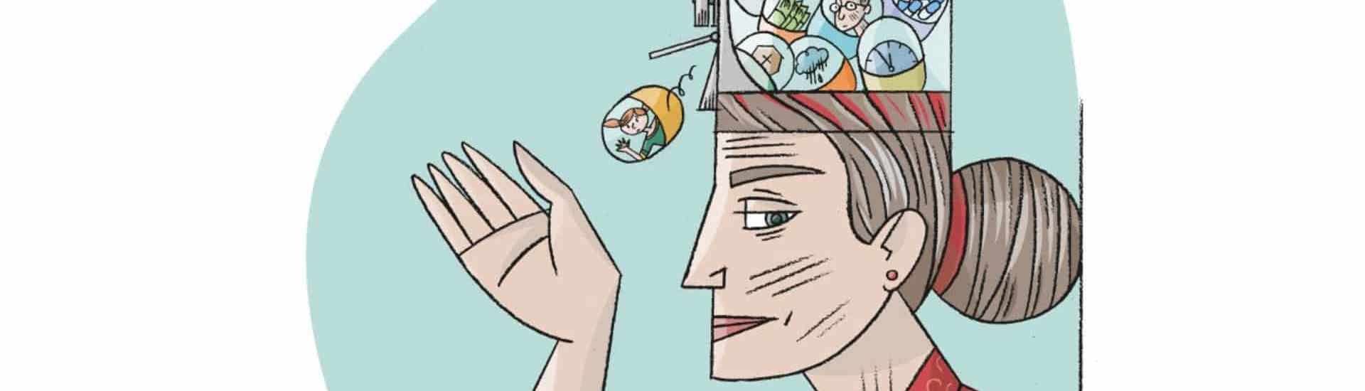 Cartoon van oudere vrouw: psychologische hulp voor ouderen 
